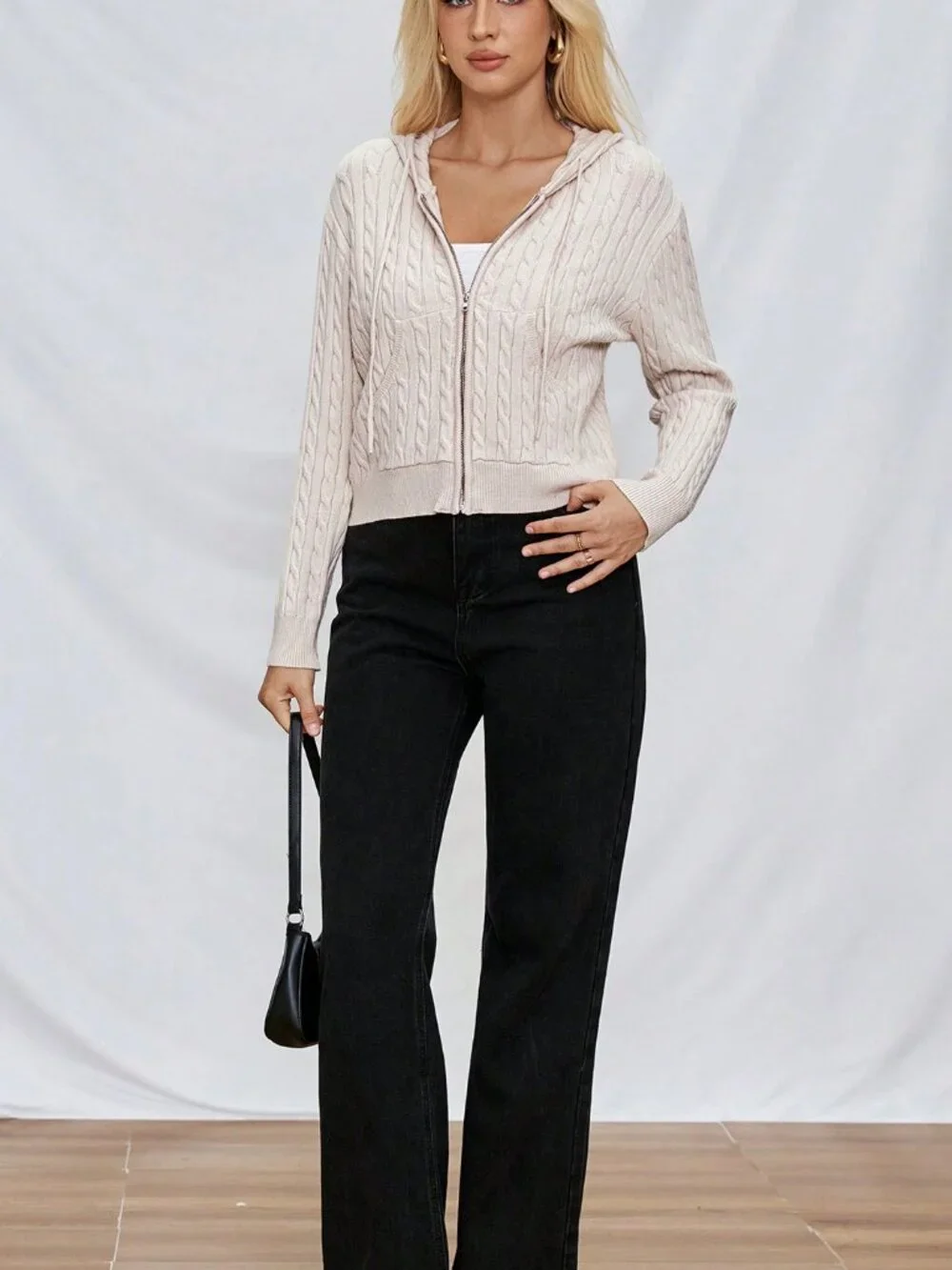 Casual Women's Cable Knit Zip-Up Hooded Cardigan with pockets